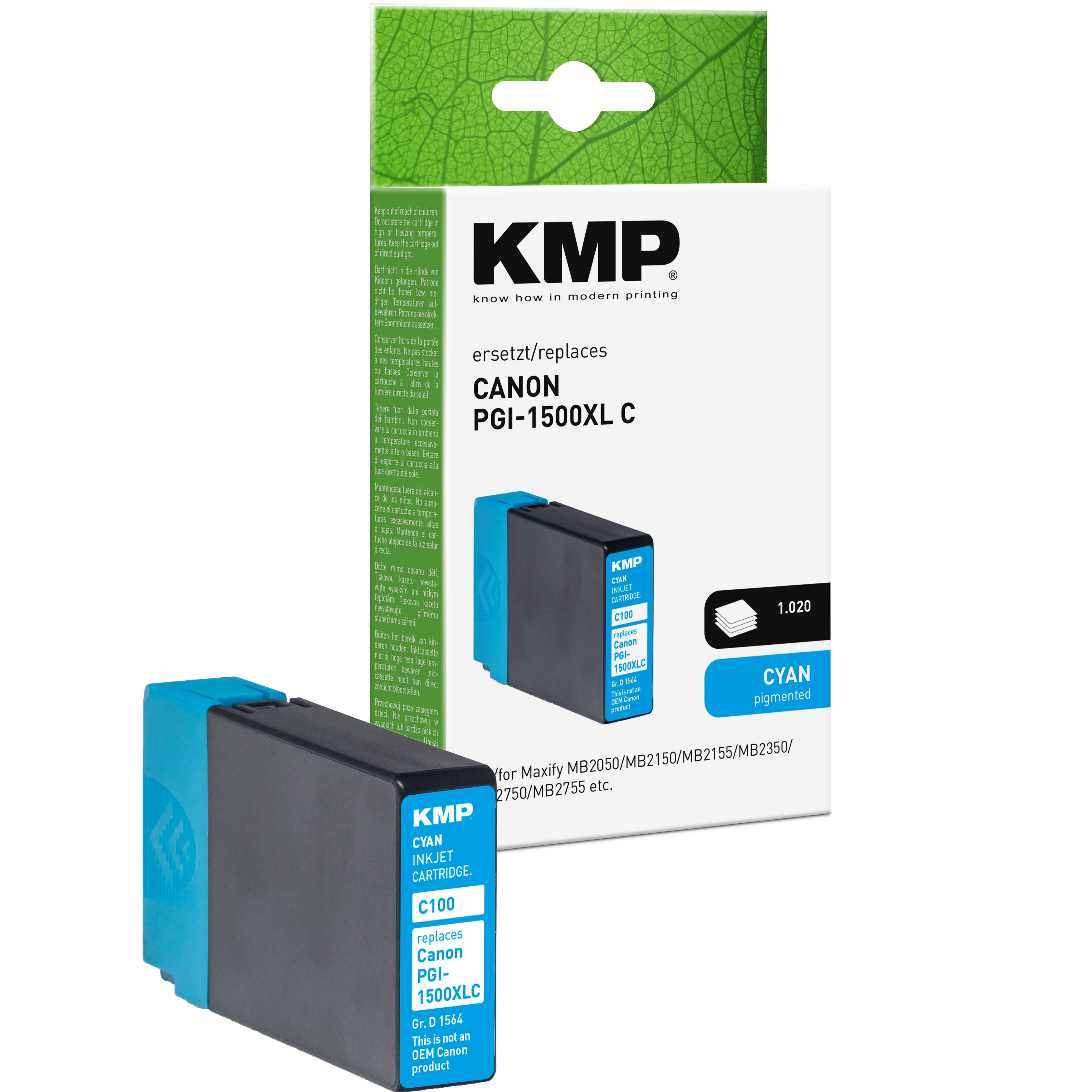 KMP C100 kompatibilní inkoustová kazeta Canon PGI1500XL C / 9193B001, azurová