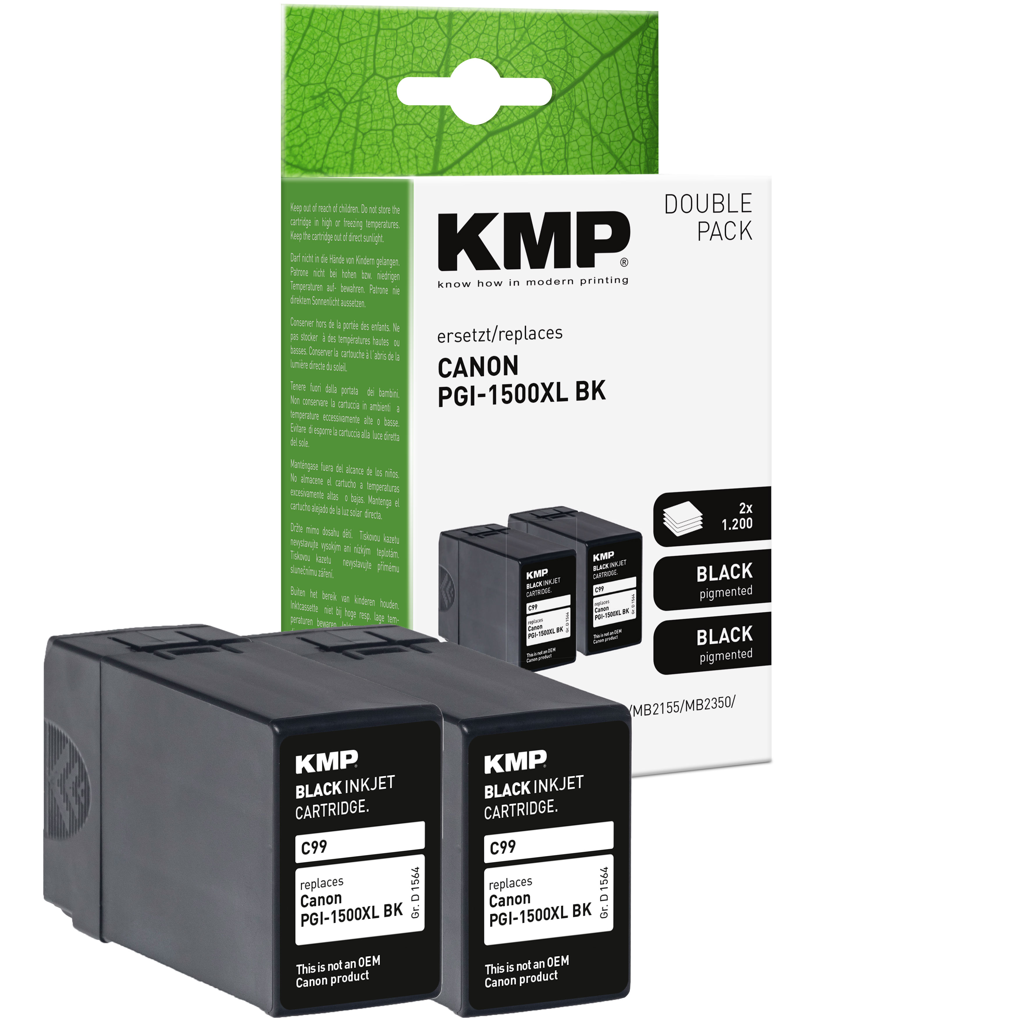 KMP C99D kompatibilní inkoustová kazeta Canon 2x PGI1500XL BK / 9182B001, černá